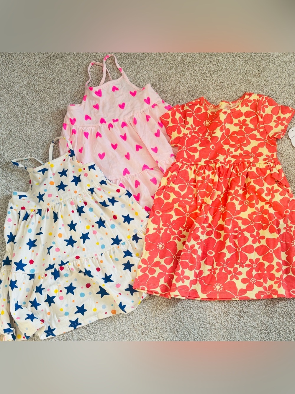 Cat & Jack Girls Pink Heart, White Star, and Coral Floral Casual Dresses Lot